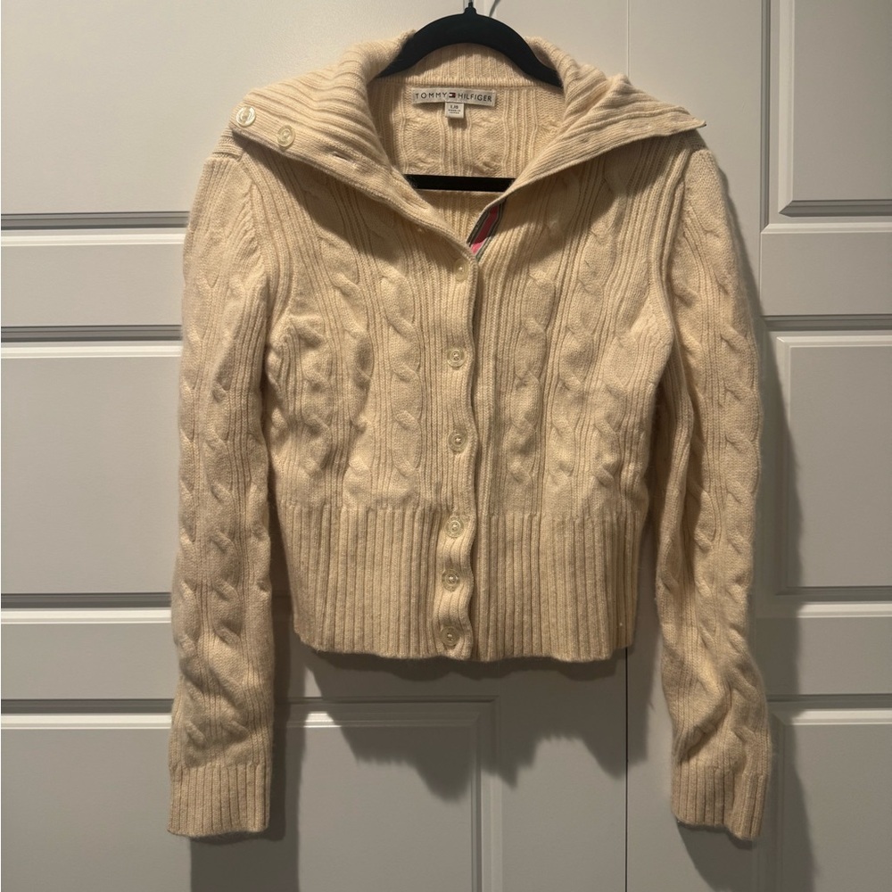 Vintage Y2K Tommy Hilfiger Cable Knit Ivory Academia Sweater Preppy Size Large